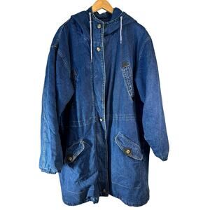 Vintage 80s Andy Johns Longline Denim Hooded Coat Jacket Utility Pockets Blue